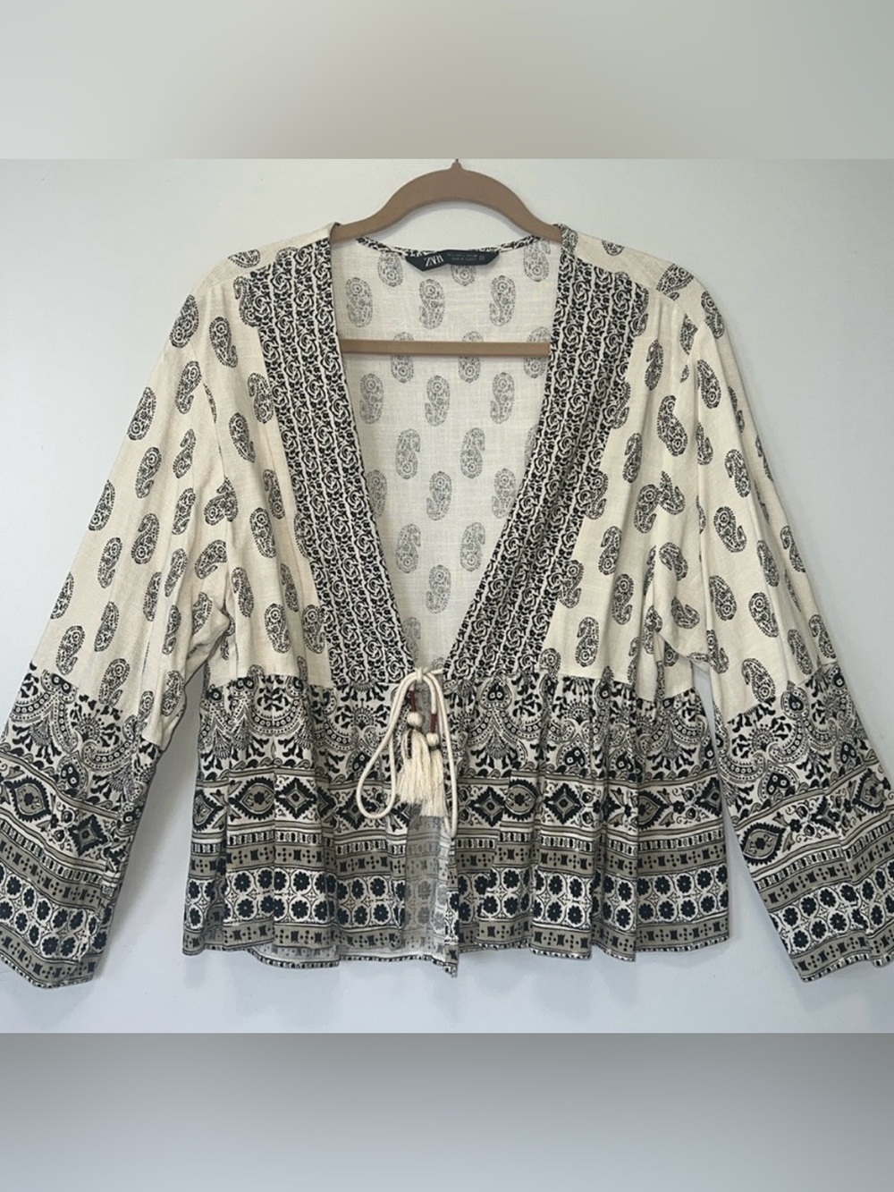 ZARA paisley print linen blend tie front top